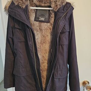 TNA Women's Black Parka Coat with Faux Fur Lining